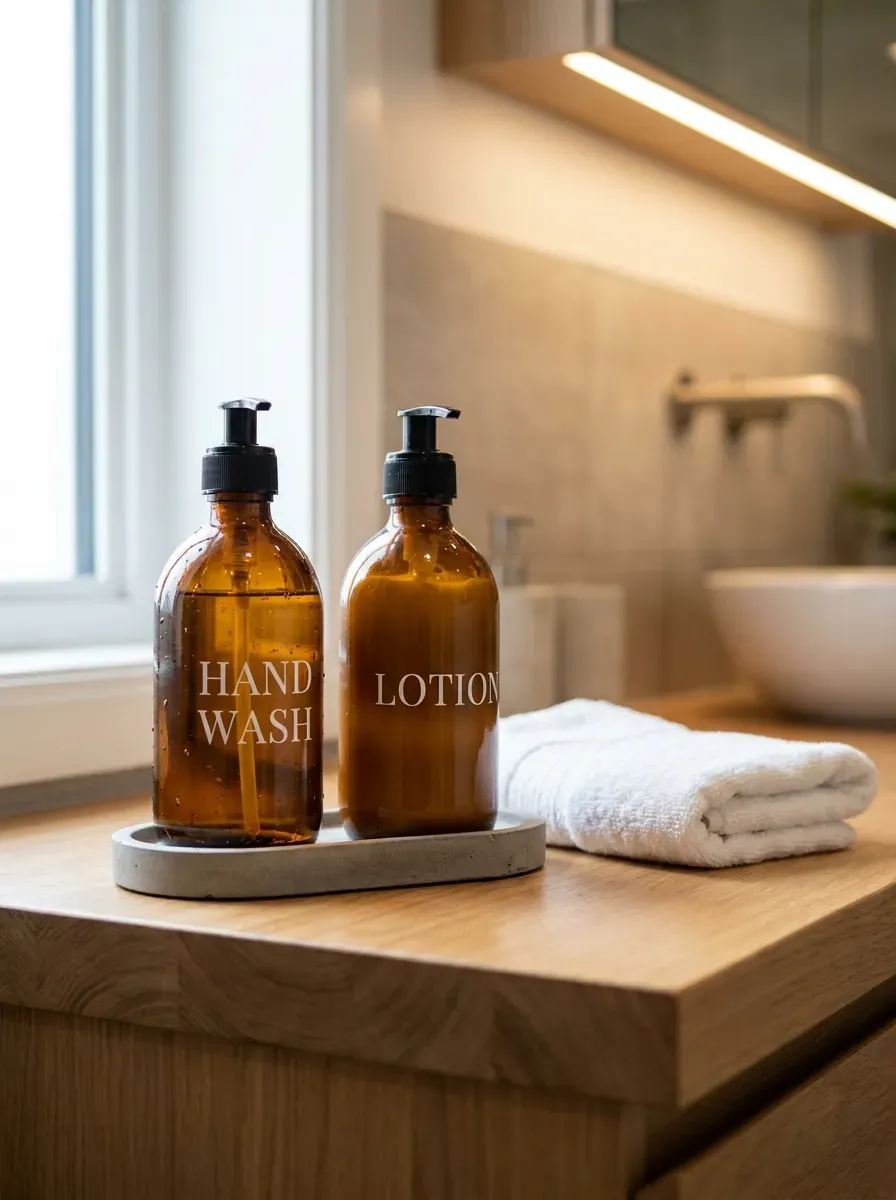 13 Genius Cricut Home Decor Projects You Need to Try 12 Amber glass soap dispensers with crisp white vinyl labels on a vanity