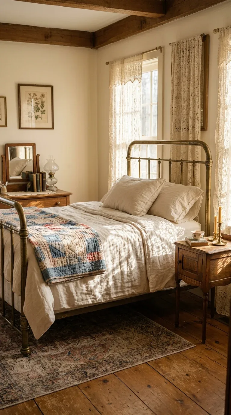 15 Vintage Bedroom Designs for a Cozy Retreat 2 An antique brass bed frame with soft patina styled in a vintage bedroom