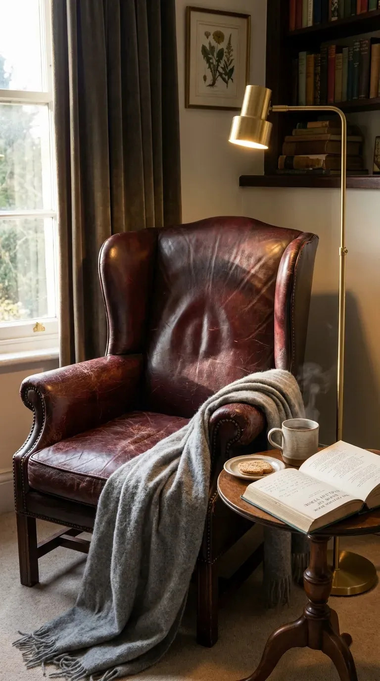 A distressed vintage burgundy leather wingback chair in a cozy corner