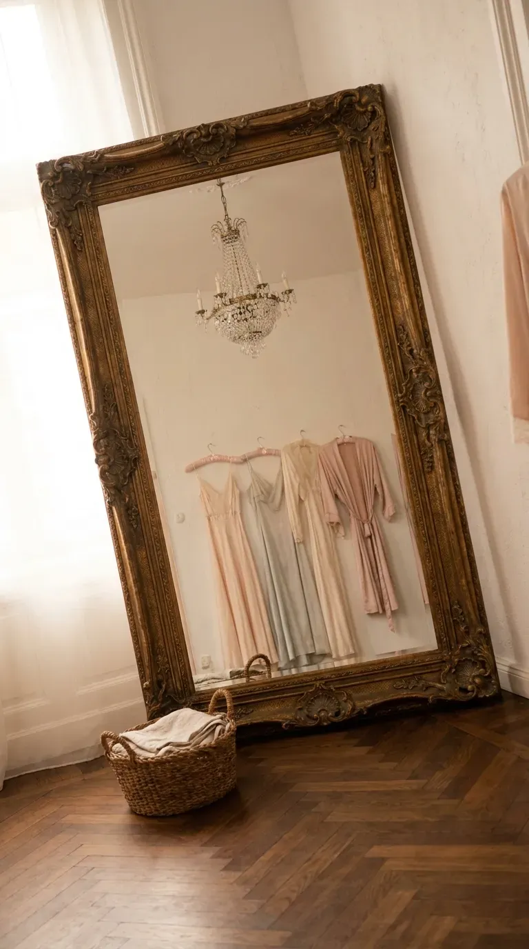 An oversized antique gold mirror leaning against a dressing room wall