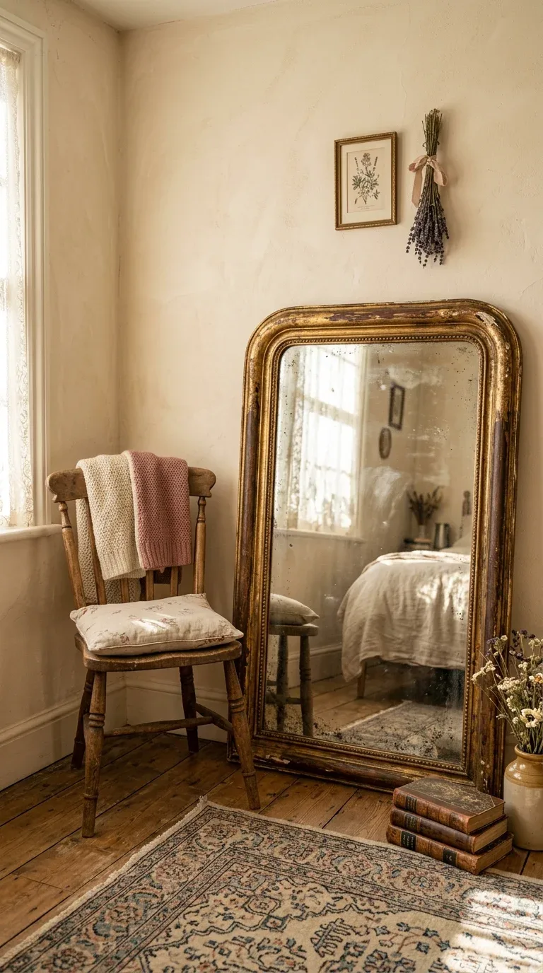 15 Vintage Bedroom Designs for a Cozy Retreat 15 A large antique gilded mirror leaning against a vintage bedroom wall