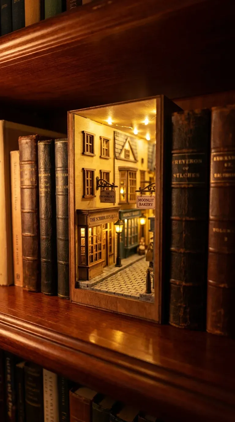 12 Stunning Adult Craft Kits That Will Boost Your Creativity 7 Glowing wooden miniature book nook diorama nestling between books on a wooden bookshelf