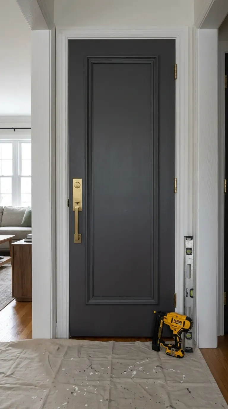 13 Genius Interior Door Makeovers You Need to Try 2 Charcoal gray interior door with elegant picture frame trim and brass hardware