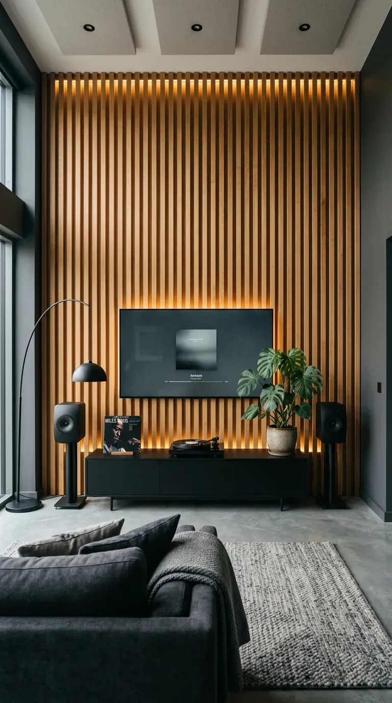 10 Must-Try Contemporary Modern Interior Ideas That Look Stunning 4 A modern living room with a floor-to-ceiling natural oak wood slat wall