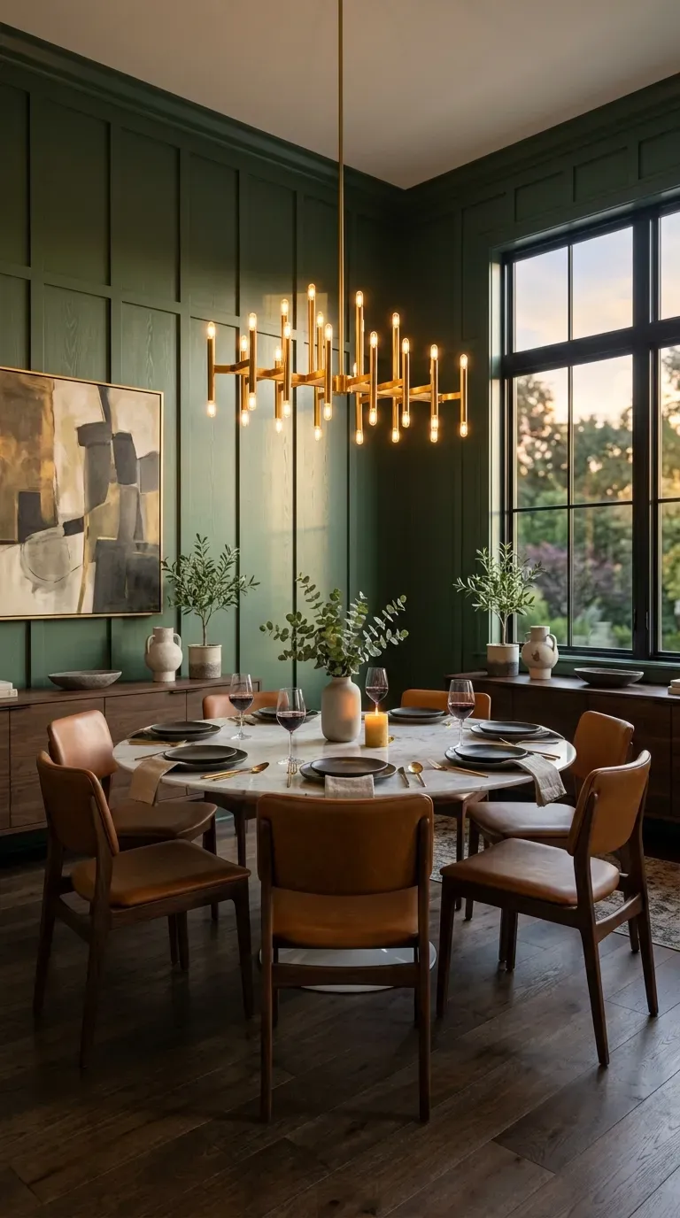 12 Aesthetic Dining Room Wall Decor Styles to Copy Today 3 A sophisticated dining room with dark green board and batten wall paneling