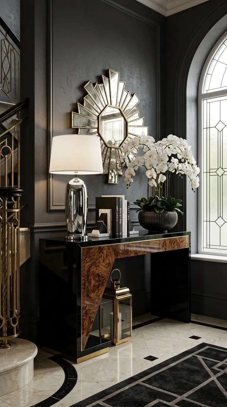 Unique asymmetrical black lacquer and burl wood console table