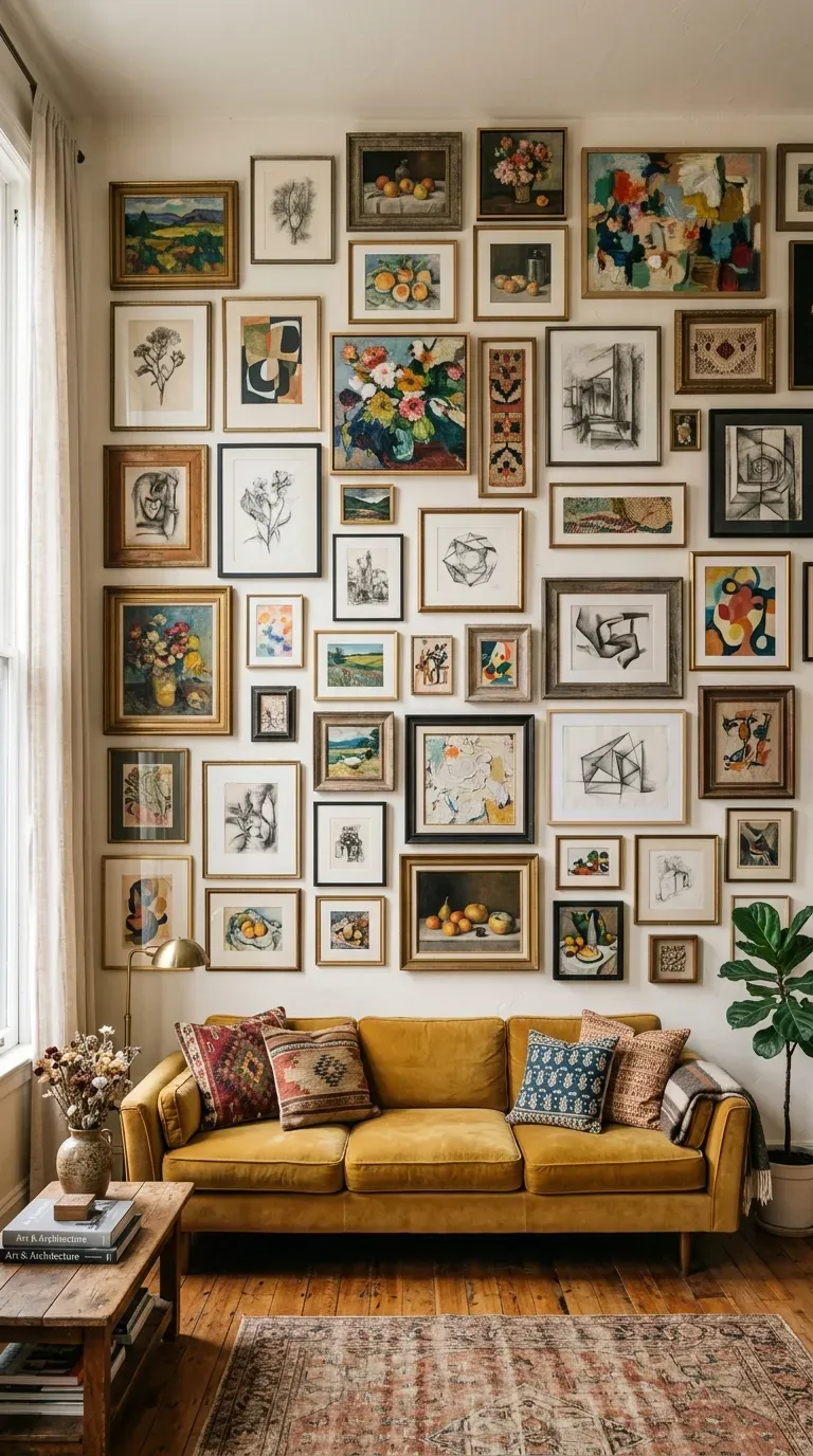 15 Genius Living Room Decor Ideas You Need to Try 7 A vibrant living room featuring an asymmetrical eclectic art gallery wall