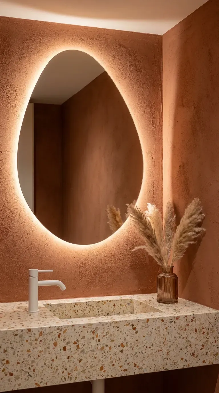 Large asymmetrical pebble-shaped mirror over a vanity with soft backlighting