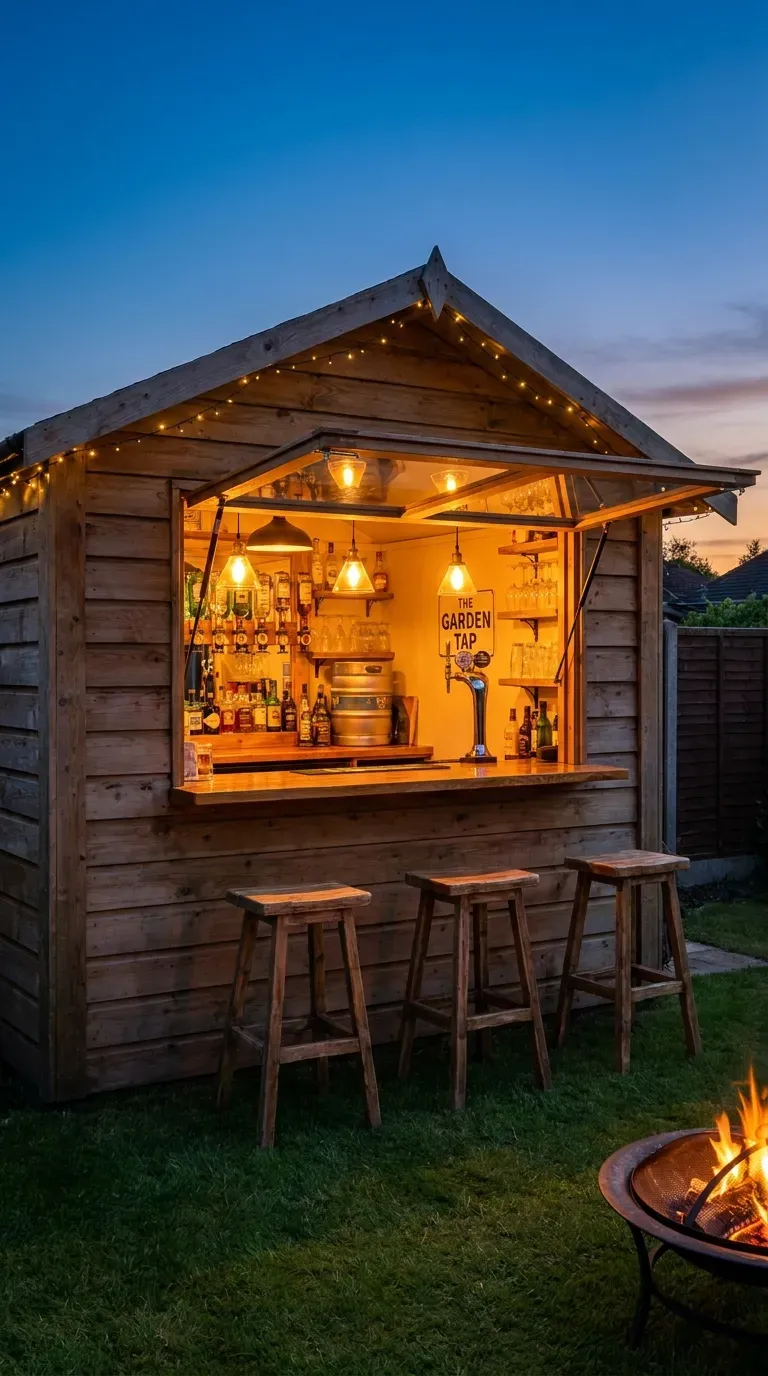 15 Genius Backyard Kitchen Ideas You Need to Try 16 A wooden garden shed brilliantly converted into an open-window backyard pub