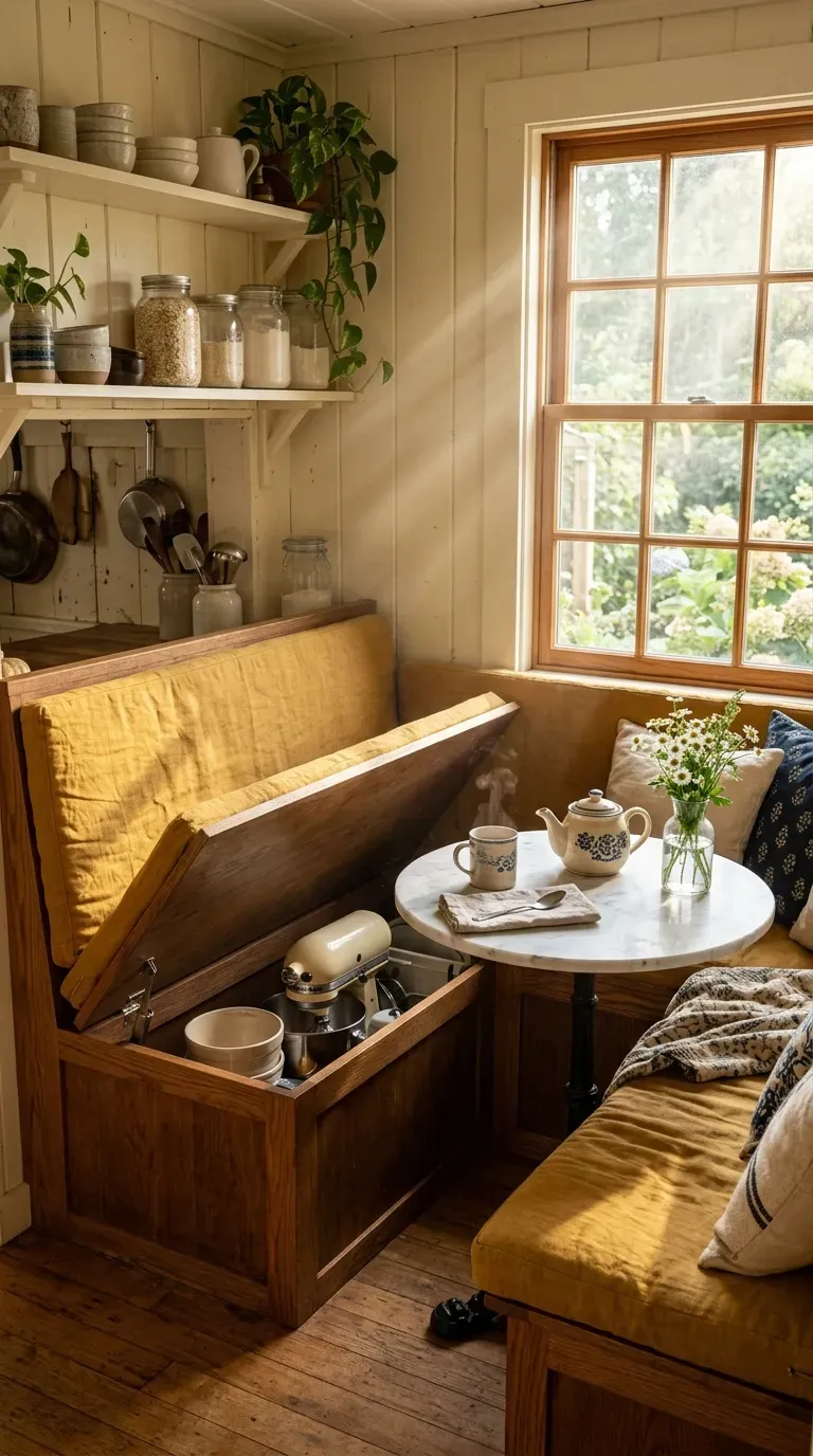 A cozy corner banquette with upholstered seating and a small round table