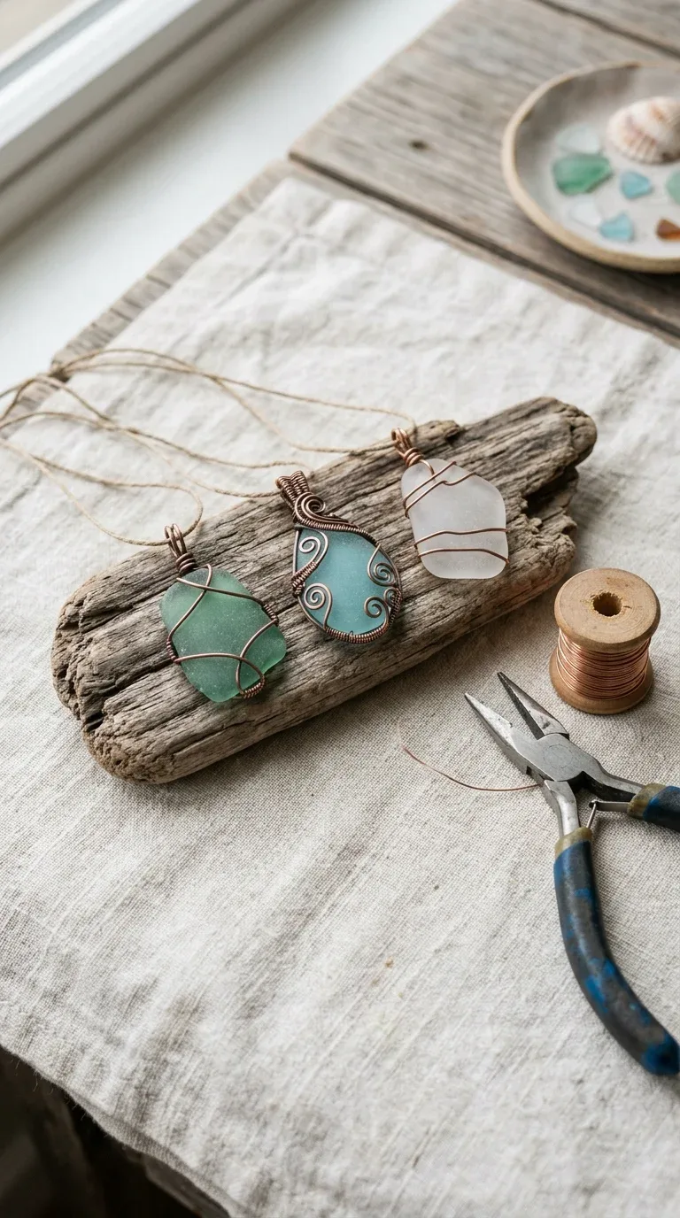 18 Fun Summer Craft Activities for Any Age 18 Wire-wrapped beach glass pendants displayed on a wooden surface as handmade jewelry