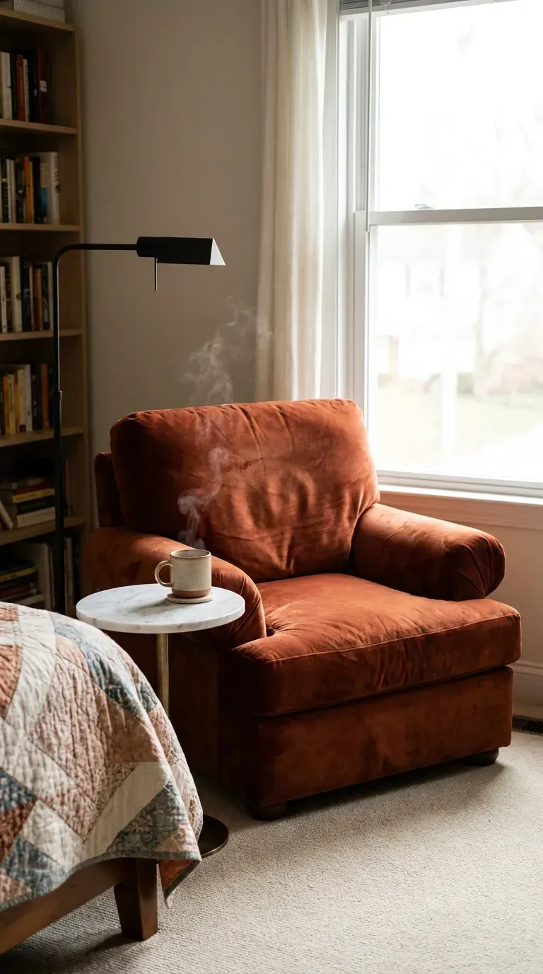 A cozy corner reading nook in a bright bedroom
