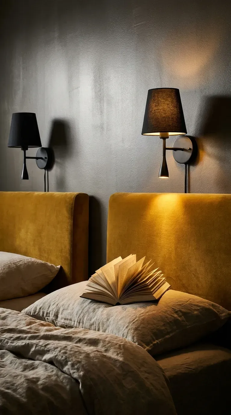 15 Genius Shared Bedroom Ideas You Need to Try 9 Matte black plug-in wall sconces mounted above twin beds