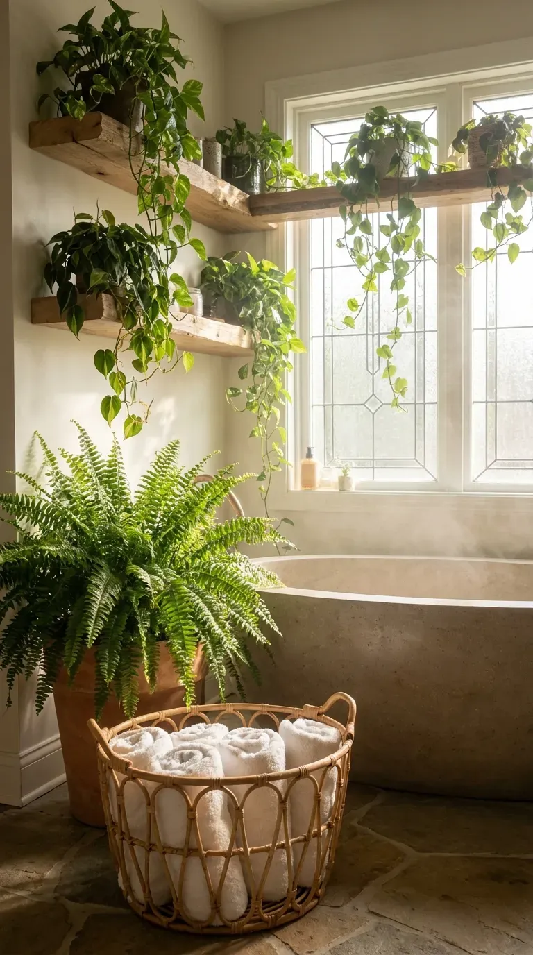 12 Aesthetic Bathroom Decor Ideas for a Gorgeous Space 5 A bright bathroom filled with lush cascading indoor plants and vines