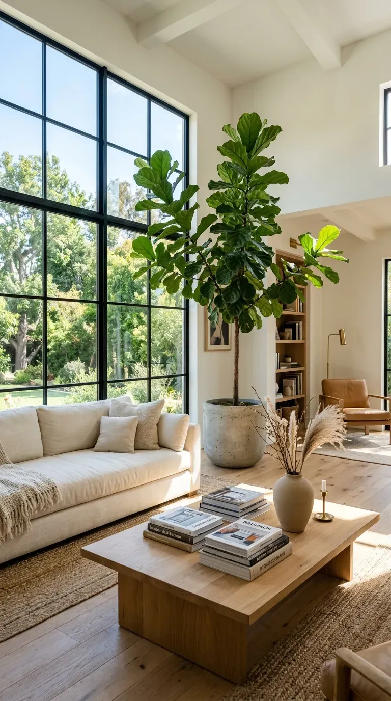 15 Genius Modern Living Room Designs You Need to See 2 A bright modern living room filled with large potted indoor plants and wooden accents