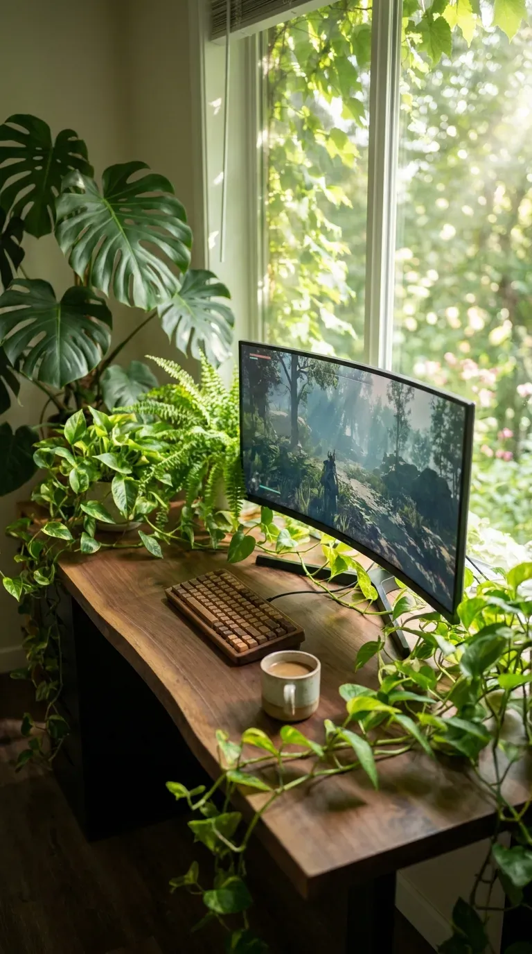 10 Must-Try Gaming Room Ideas That Look Insane 7 A gaming setup surrounded by lush green indoor plants and foliage