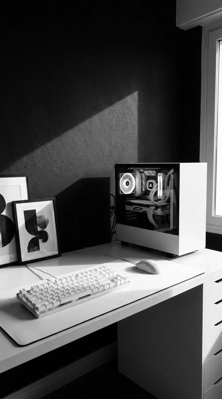 10 Must-Try Gaming Room Ideas That Look Insane 11 A striking black and white monochromatic gaming setup on a dark wall