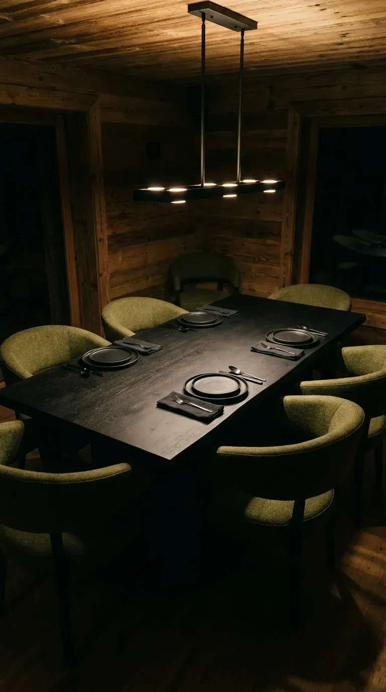 A matte black dining table surrounded by olive green upholstered chairs
