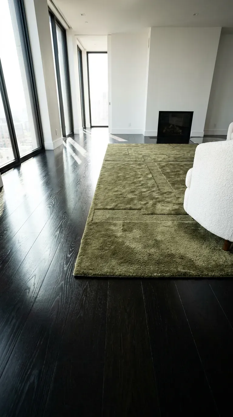 Deep black hardwood floors heavily contrasted by a plush olive green rug