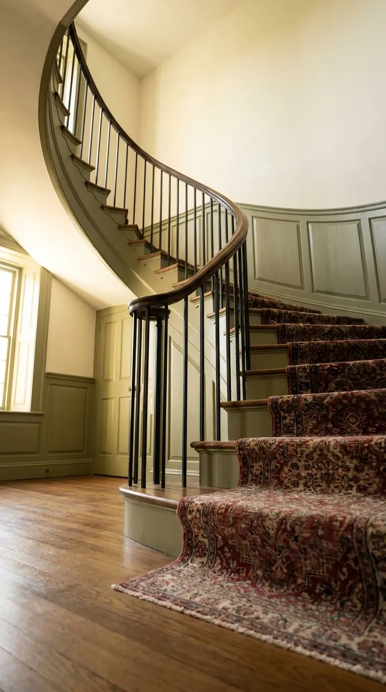 A staircase featuring black wrought iron railings and olive green trim