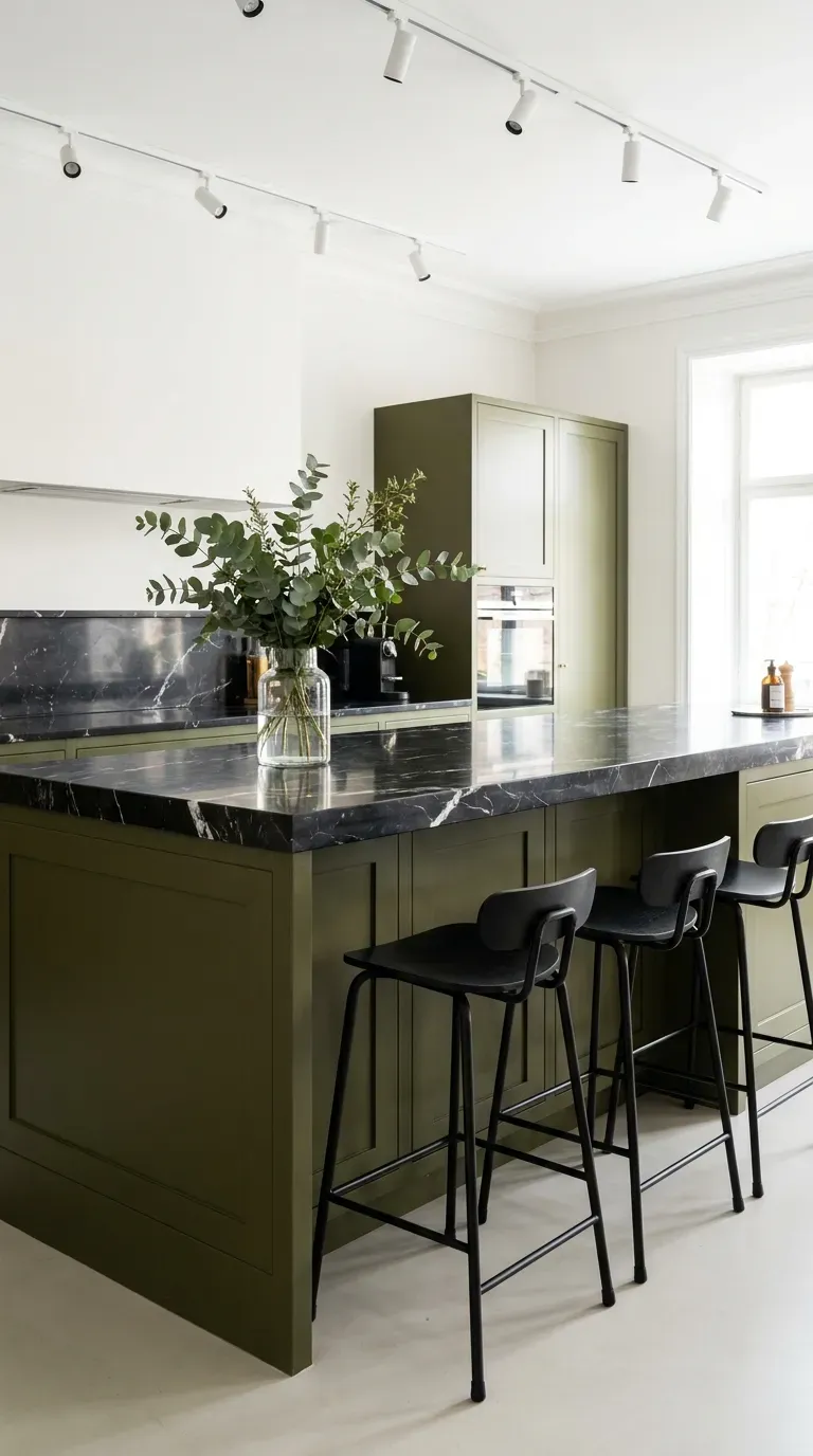 An olive green kitchen island with a black marble countertop