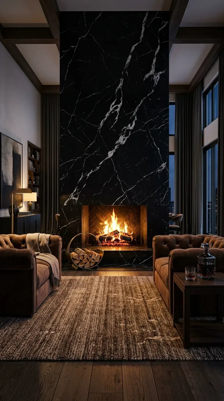 12 Black and Brown Living Room Designs That Will Transform Your Home 4 Sleek black marble fireplace surrounded by plush cocoa brown velvet seating