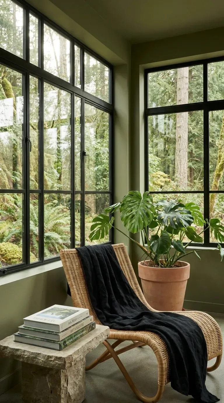 Black steel frame windows in a muted olive green sunroom