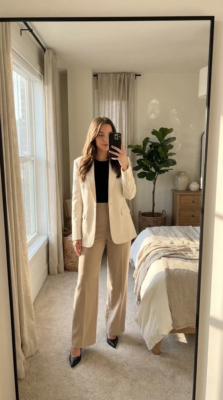 Woman wearing a blazer and trousers taking an iPhone mirror selfie.