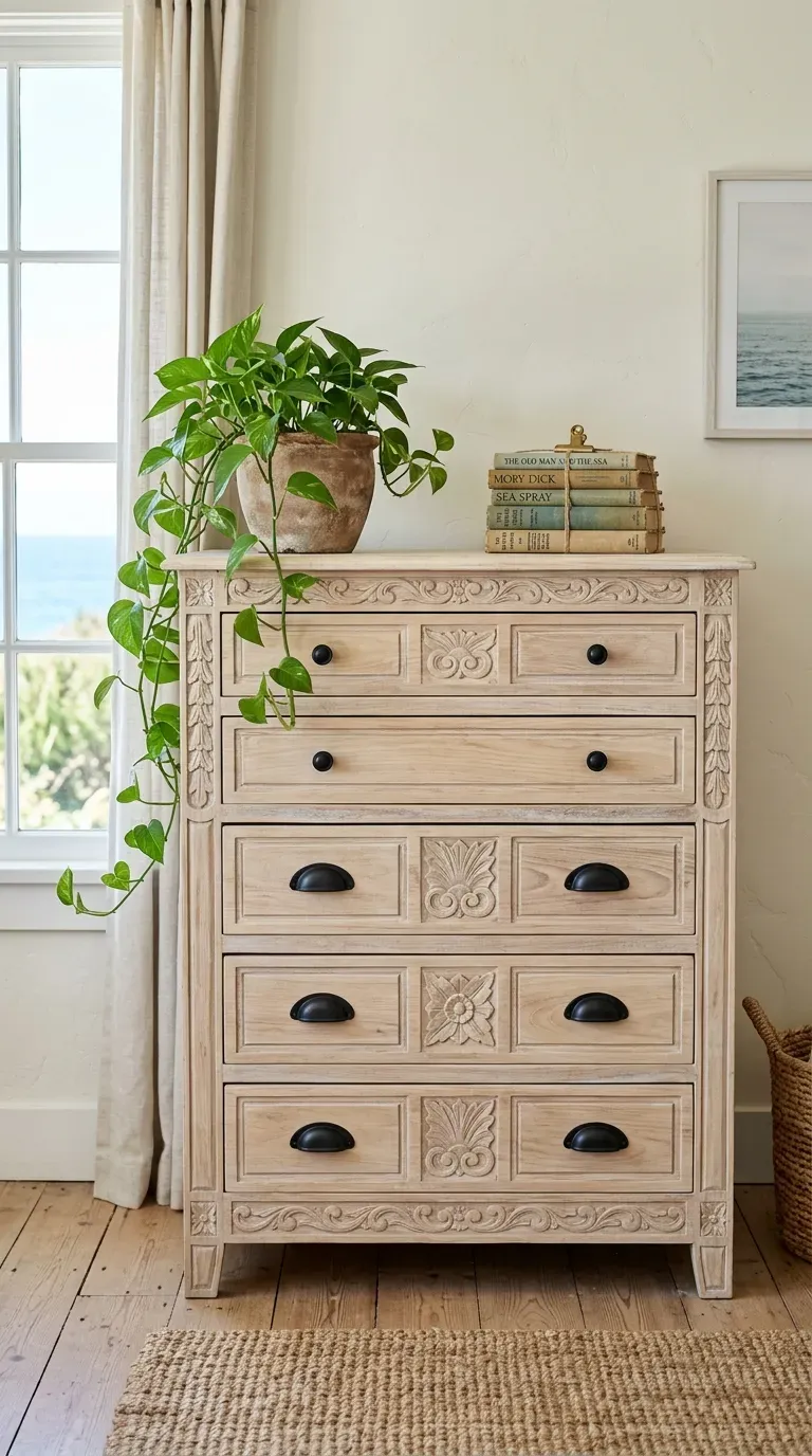 A stunning bleached raw wood antique dresser in a bright room