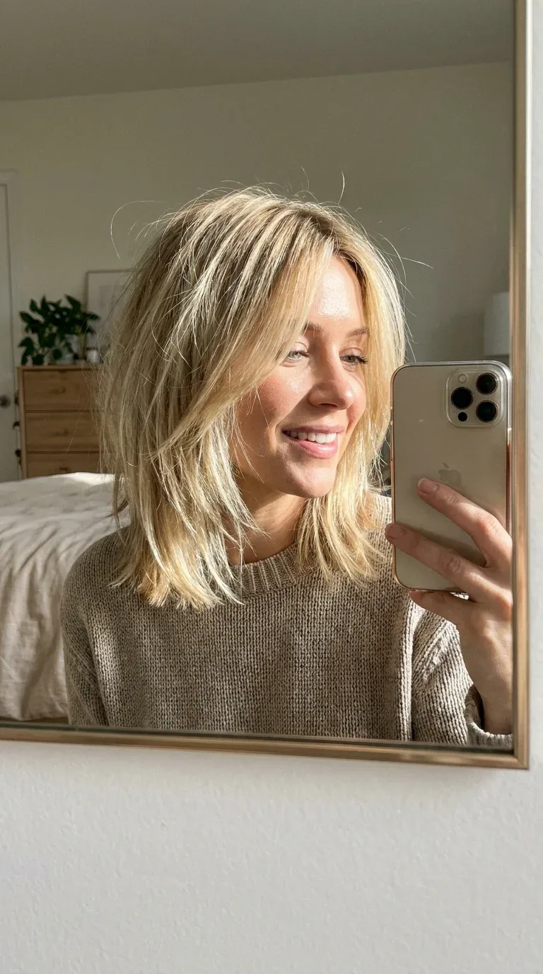 Woman with a blonde shaggy lob hairstyle taking an iPhone mirror selfie.