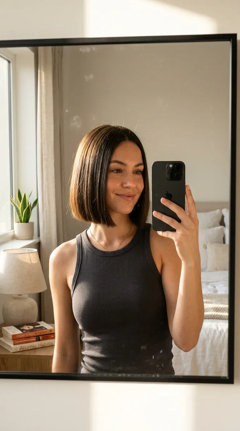 Woman with a blunt bob for thinner hair taking an iPhone mirror selfie.