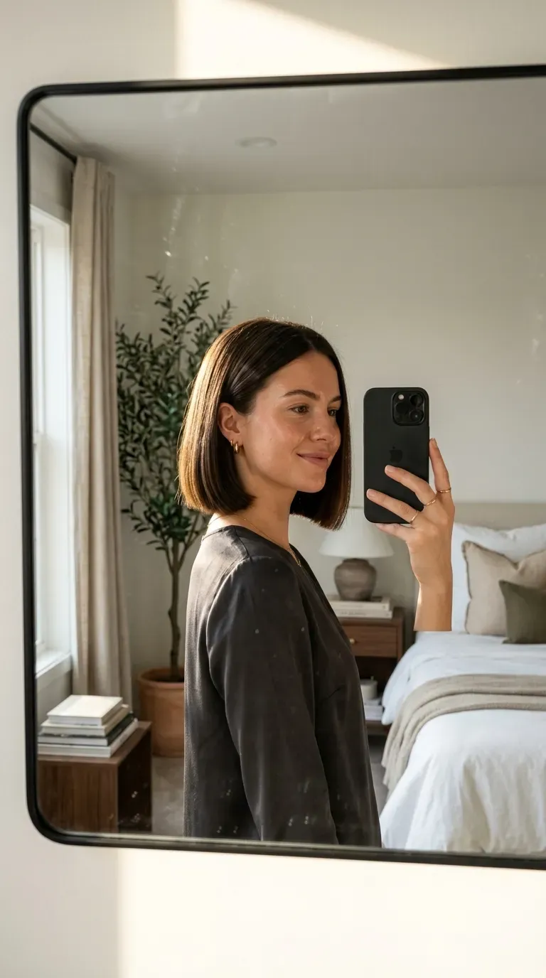 Woman with a blunt old money bob taking an iPhone mirror selfie.
