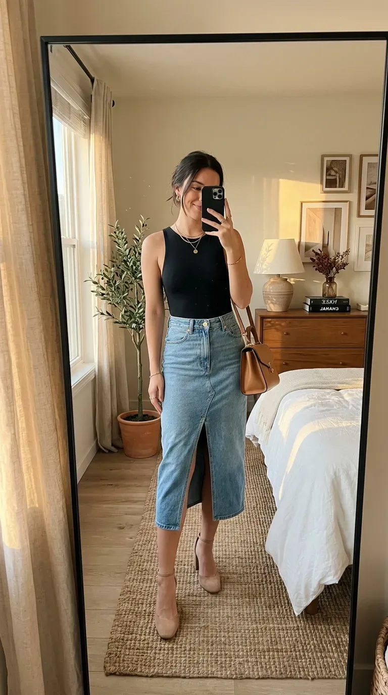 How to Style a Denim Skirt: 10 Chic Outfit Ideas You'll Want to Wear 7 Woman wearing a bodysuit with a denim skirt taking an iPhone mirror selfie.