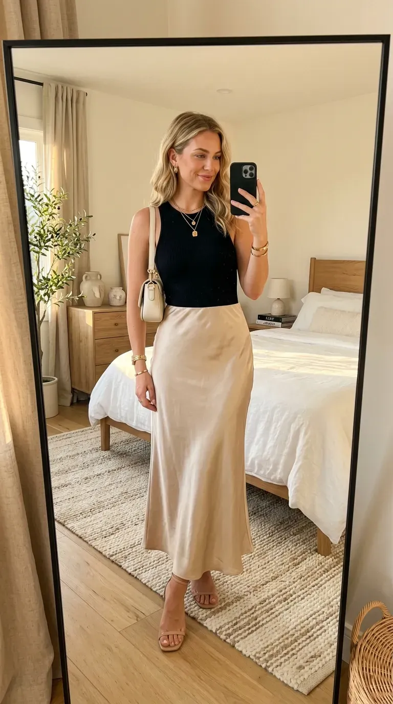 Woman wearing a bodysuit with a maxi skirt taking an iPhone mirror selfie.