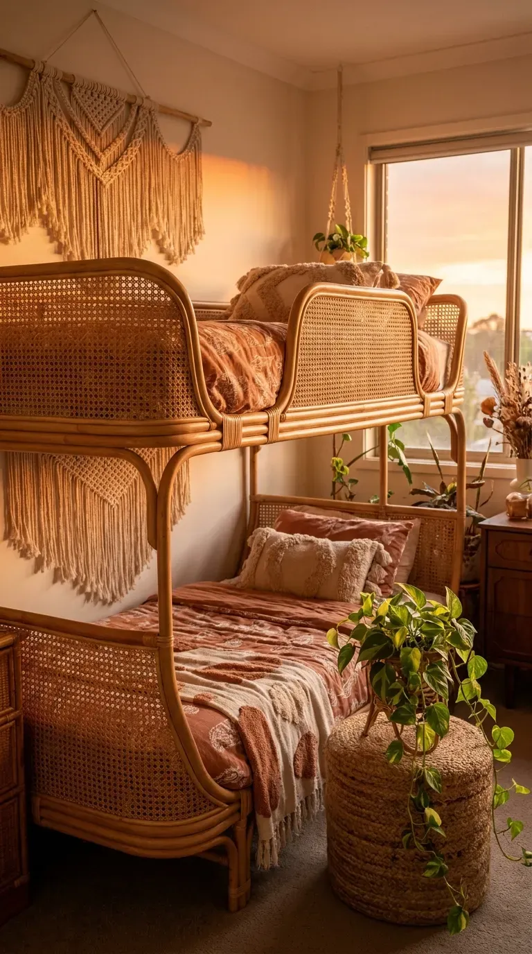 10 Must-Try Bunk Bed Room Ideas That Look Stunning 7 A relaxed bohemian bedroom with a curved natural rattan bunk bed
