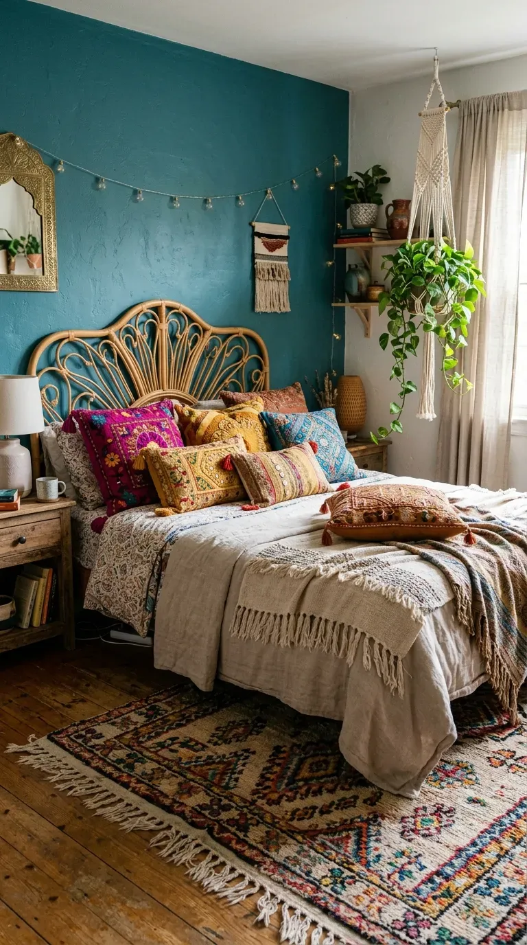 15 Genius Colorful Bedroom Ideas You Need to Try 12 An eclectic boho bedroom filled with layered colorful patterned textiles in magenta and teal