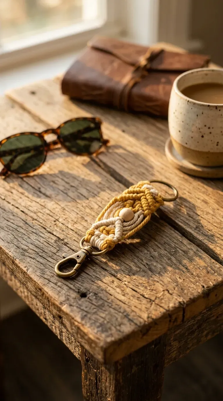 A beautifully crafted boho macrame keychain resting on a wooden table