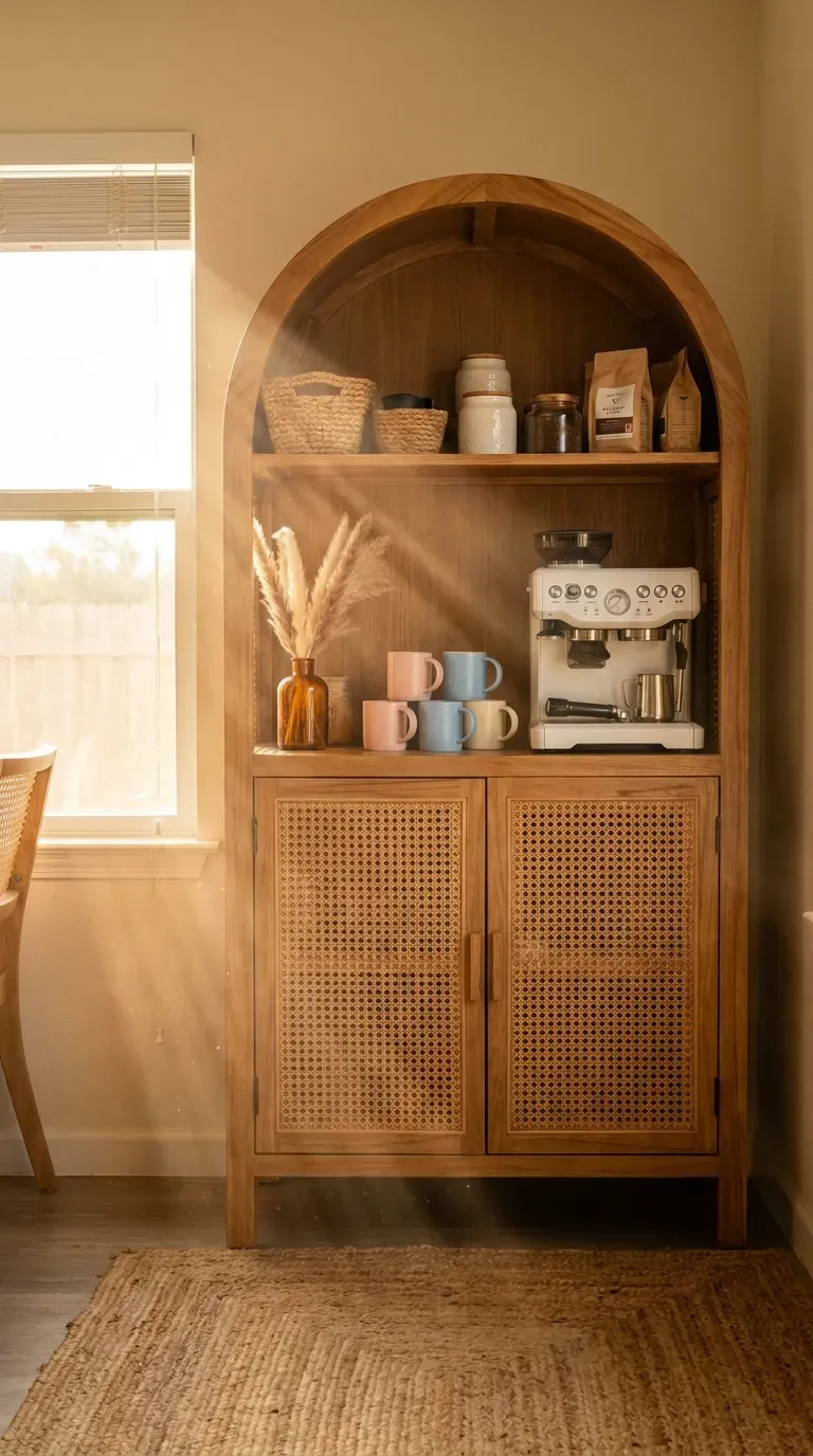 15 Genius Coffee Corner Ideas You Need to Try 10 An arched woven rattan cabinet holding a stylish coffee maker