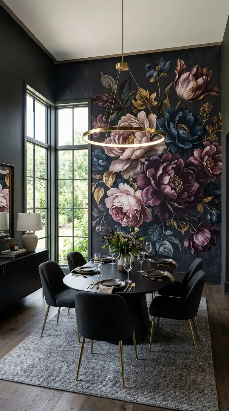 12 Aesthetic Dining Room Wall Decor Styles to Copy Today 6 A dining room wrapped in a moody, oversized dark floral wallpaper mural
