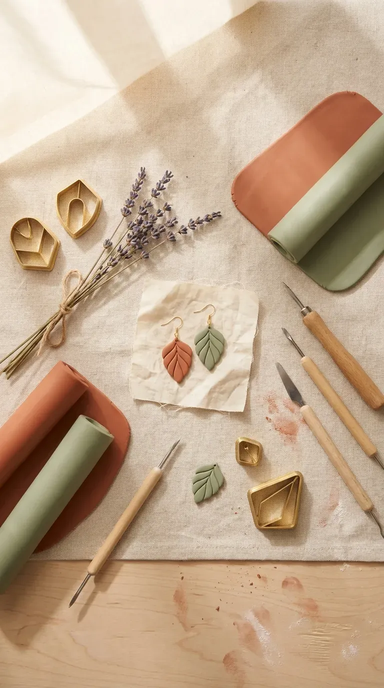 12 Stunning Adult Craft Kits That Will Boost Your Creativity 2 Overhead flat lay of a botanical polymer clay jewelry kit on a wooden work table