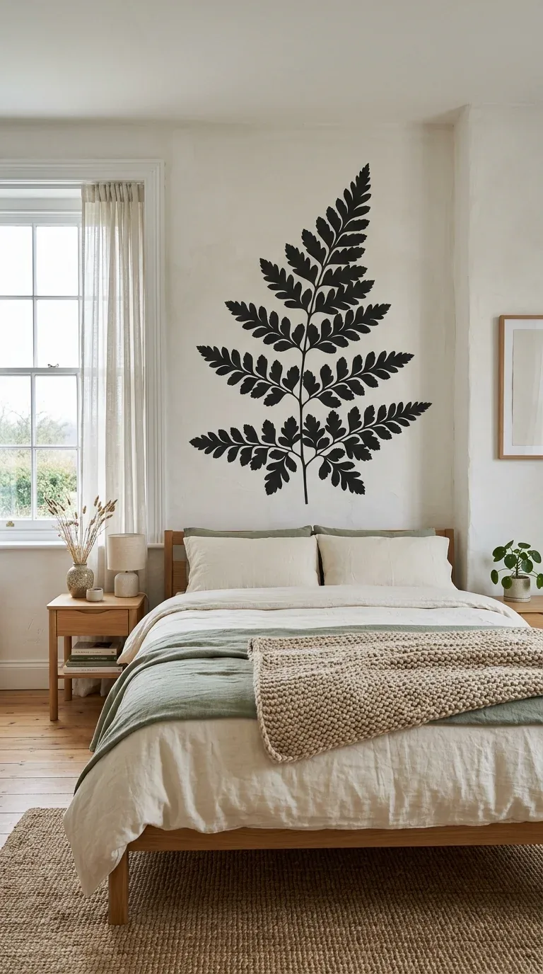 21 Easy Cricut Home Decor Projects You'll Love 22 An oversized botanical fern silhouette vinyl decal applied to a large blank bedroom wall