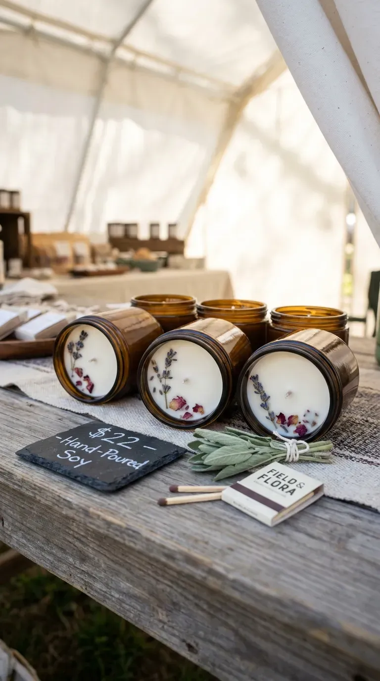 12 Easy Profitable Craft Fair Ideas to Maximize Your Sales 2 Hand-poured soy candles with dried botanical elements on display