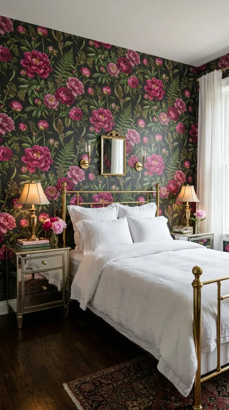 15 Genius Colorful Bedroom Ideas You Need to Try 9 A bedroom covered in bold, oversized colorful floral wallpaper with a simple bed