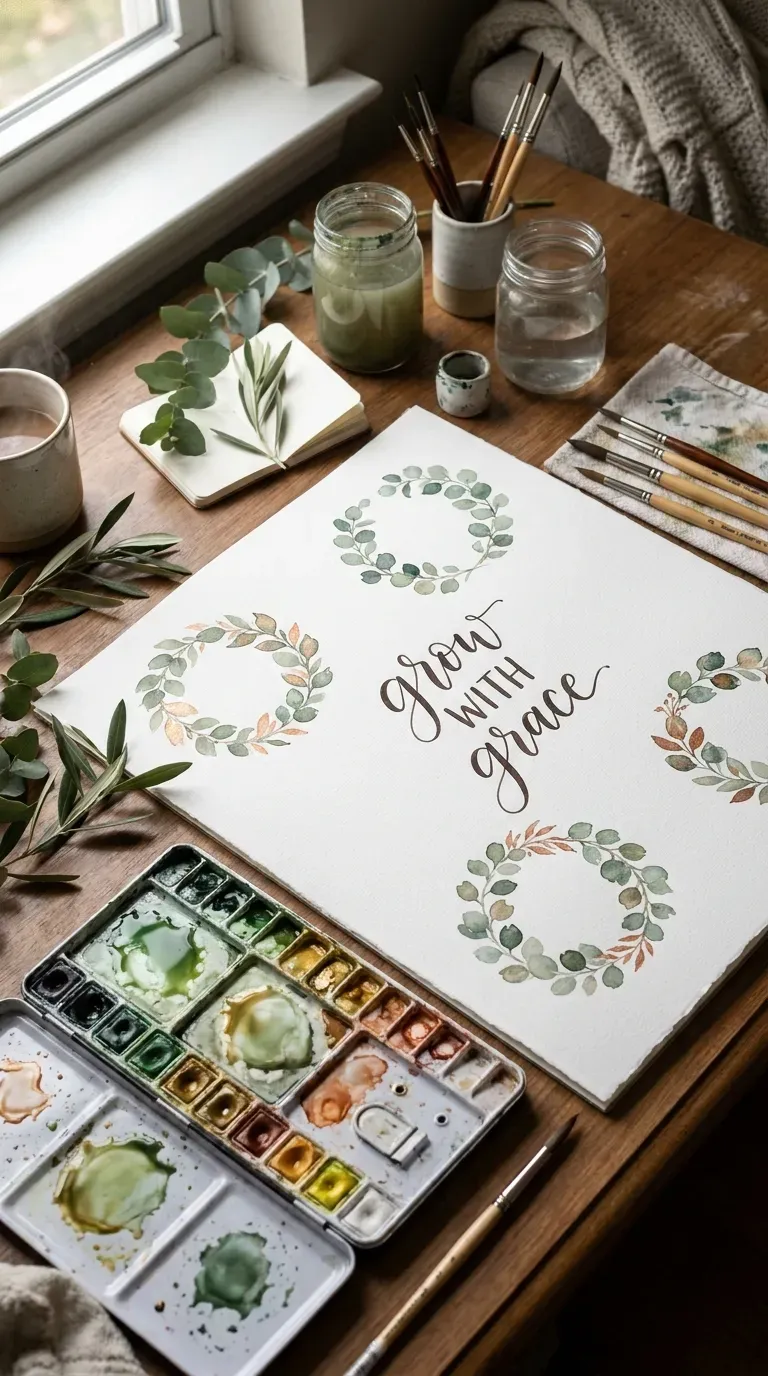 12 Stunning Adult Craft Kits That Will Boost Your Creativity 11 Artist palette with vibrant watercolors next to a practice sheet featuring botanical leaf painting