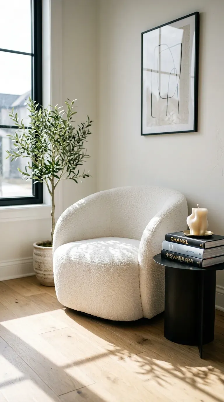 15 Genius Aesthetic Room Ideas You Need to Try 4 A curved white bouclé accent chair in a sunlit corner