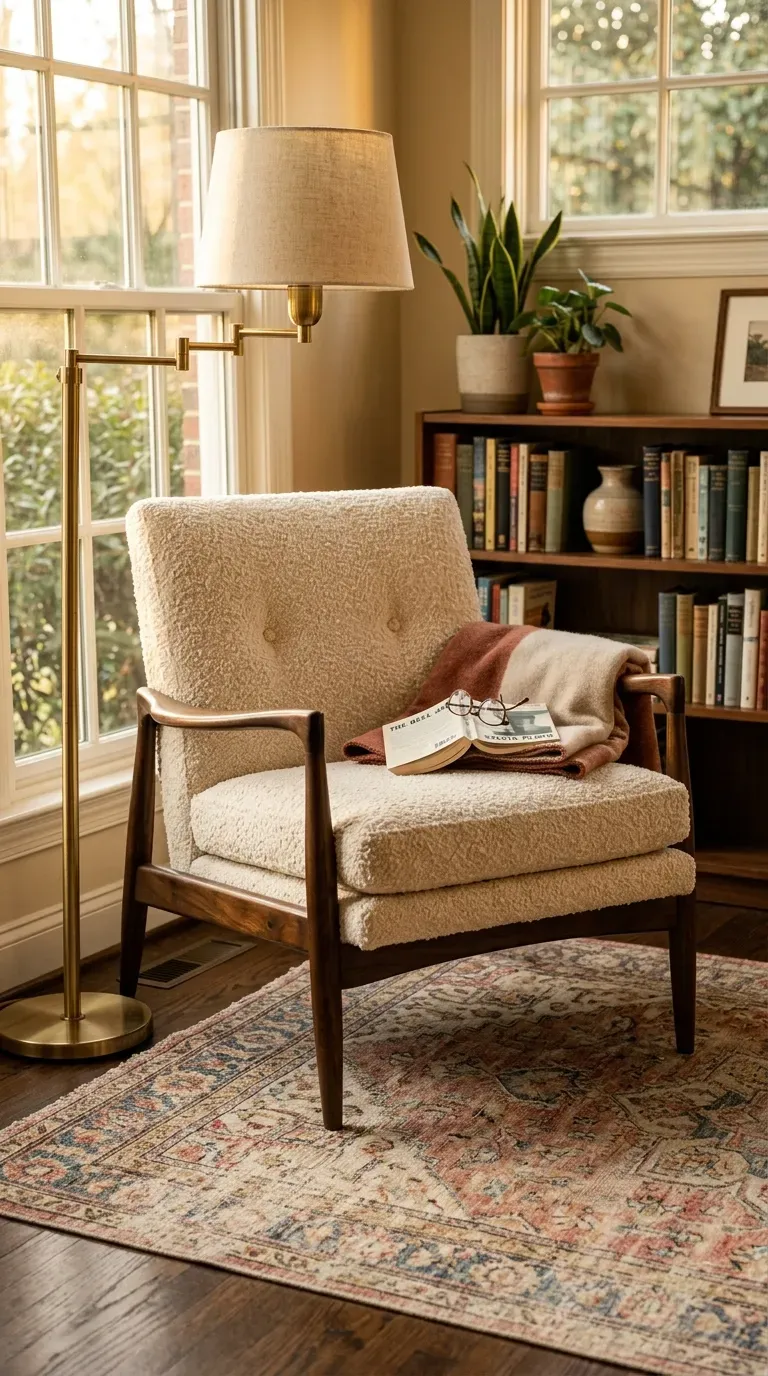 A vintage mid-century armchair reupholstered in trendy cream boucle fabric