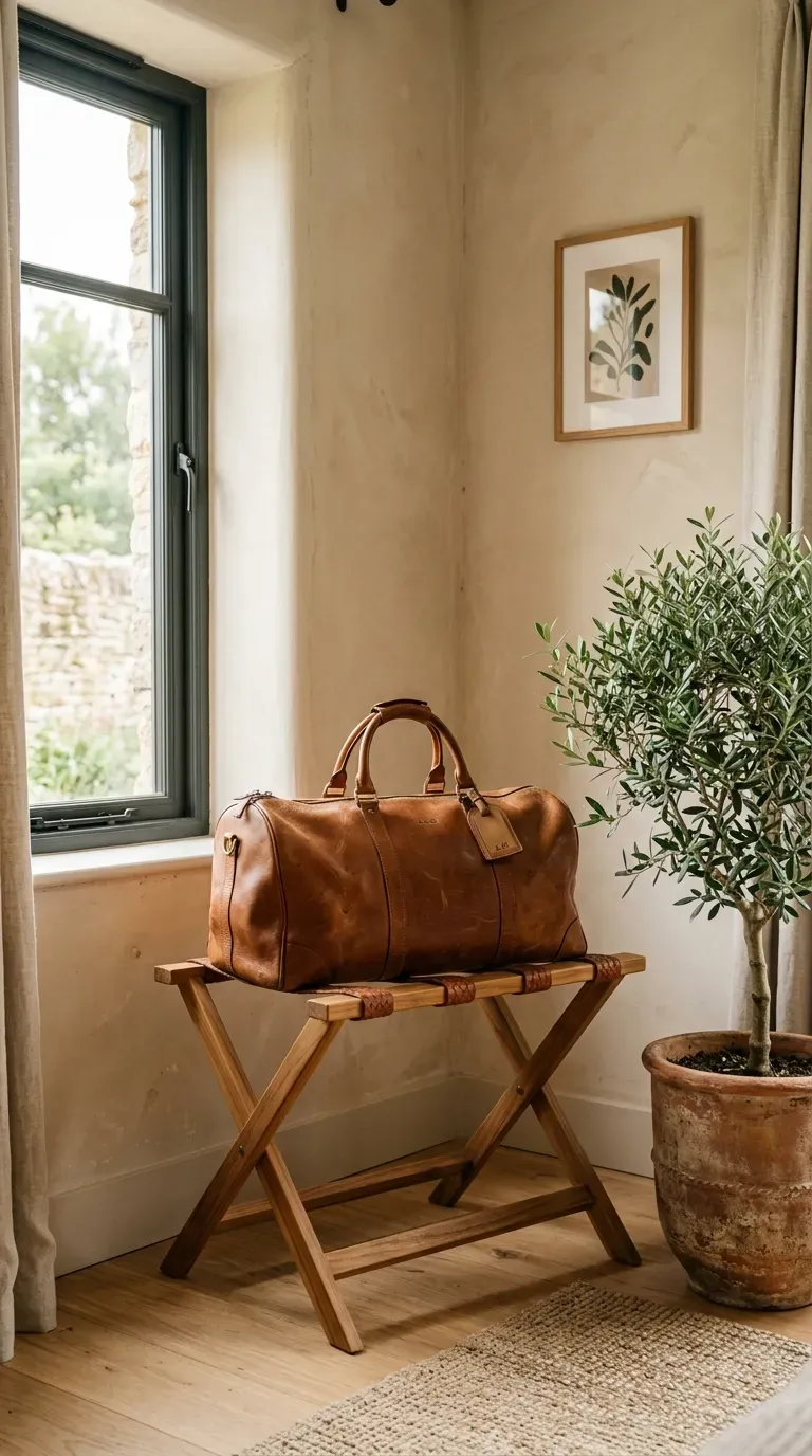 A stylish teak wood and leather luggage rack in a modern bedroom