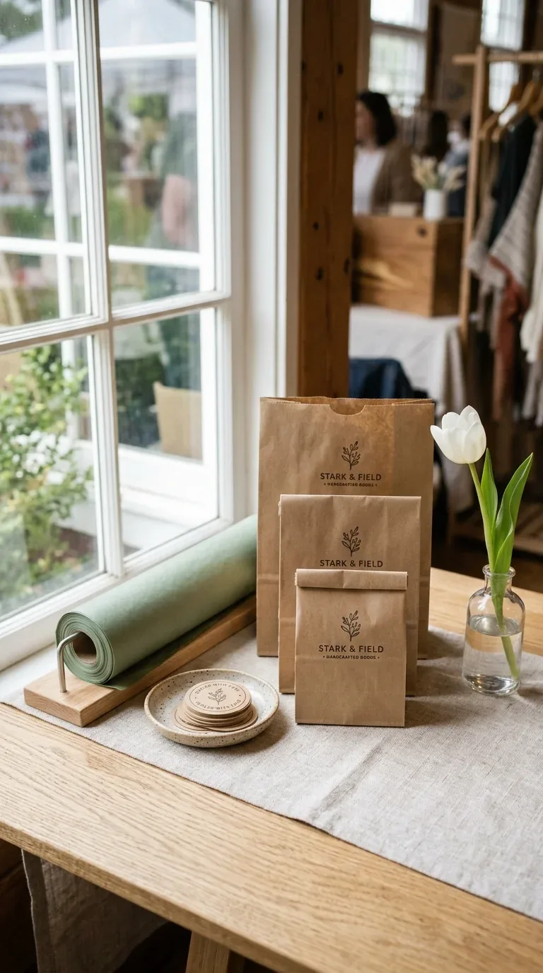 17 Creative Craft Booth Ideas for First-Time Vendors 15 Consistent branded kraft paper packaging stacked neatly at a craft fair booth corner