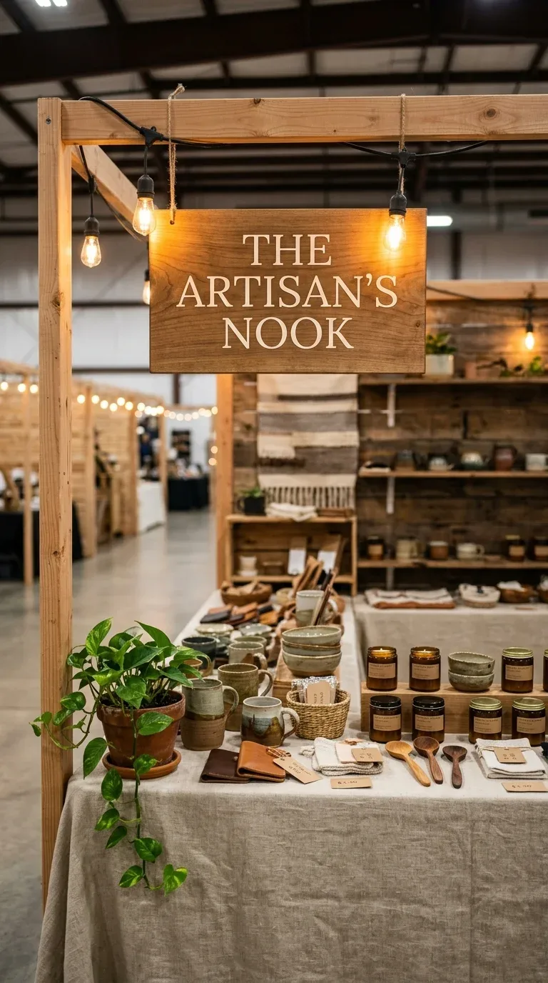 17 Creative Craft Booth Ideas for First-Time Vendors 7 A hand-lettered wooden brand sign hanging at a craft fair booth above the display table