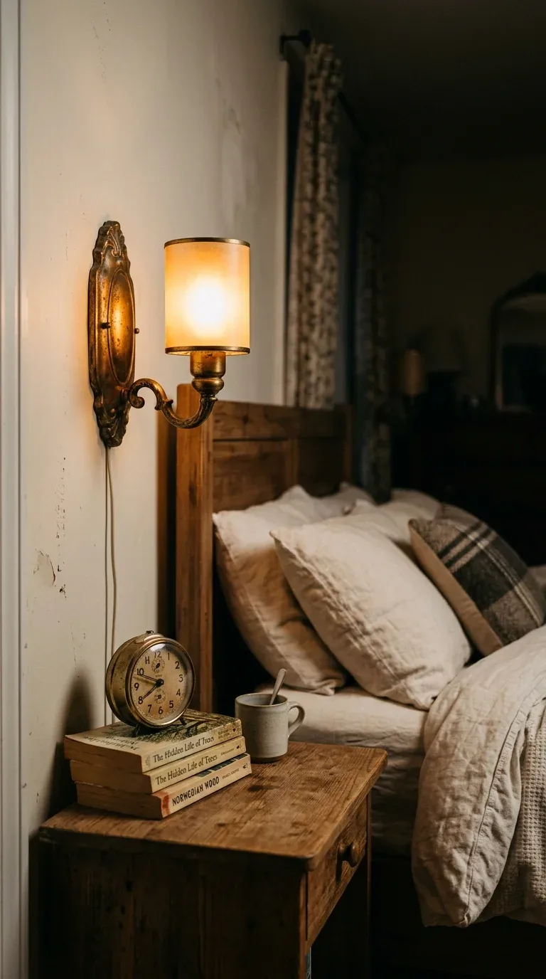 15 Vintage Bedroom Designs for a Cozy Retreat 13 Warm brass wall sconces mounted above a vintage bedroom bed providing soft ambient light